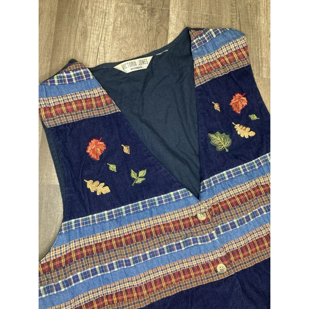 Vintage Patchwork Corduroy Vest XL/2X Embroidered Cabin Cottage Teacher Granny